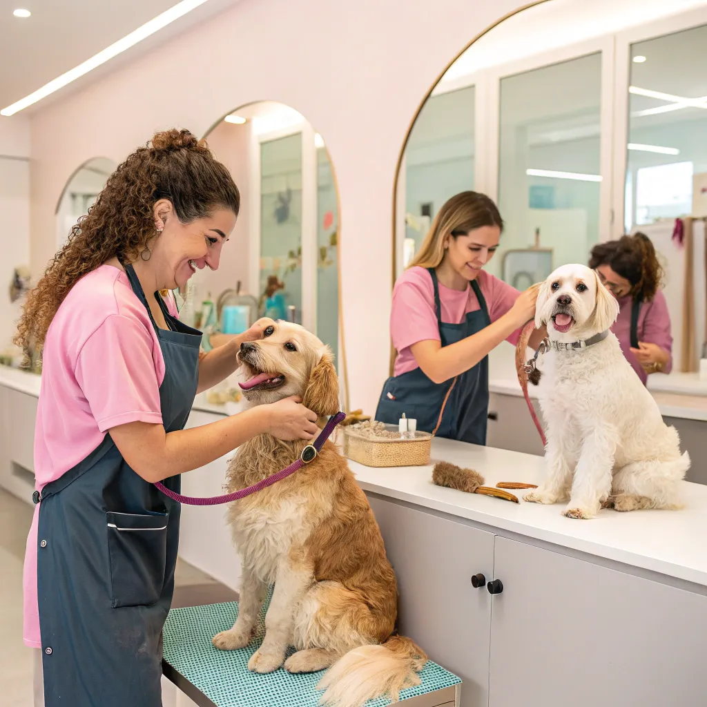 Friendly groomers at CORVENLIS Pet Salon interacting with pets